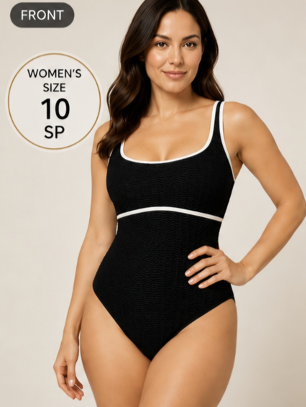 Anne Klein One-Piece Swimsuit Women's Size 10 SP Black White Trim Textured